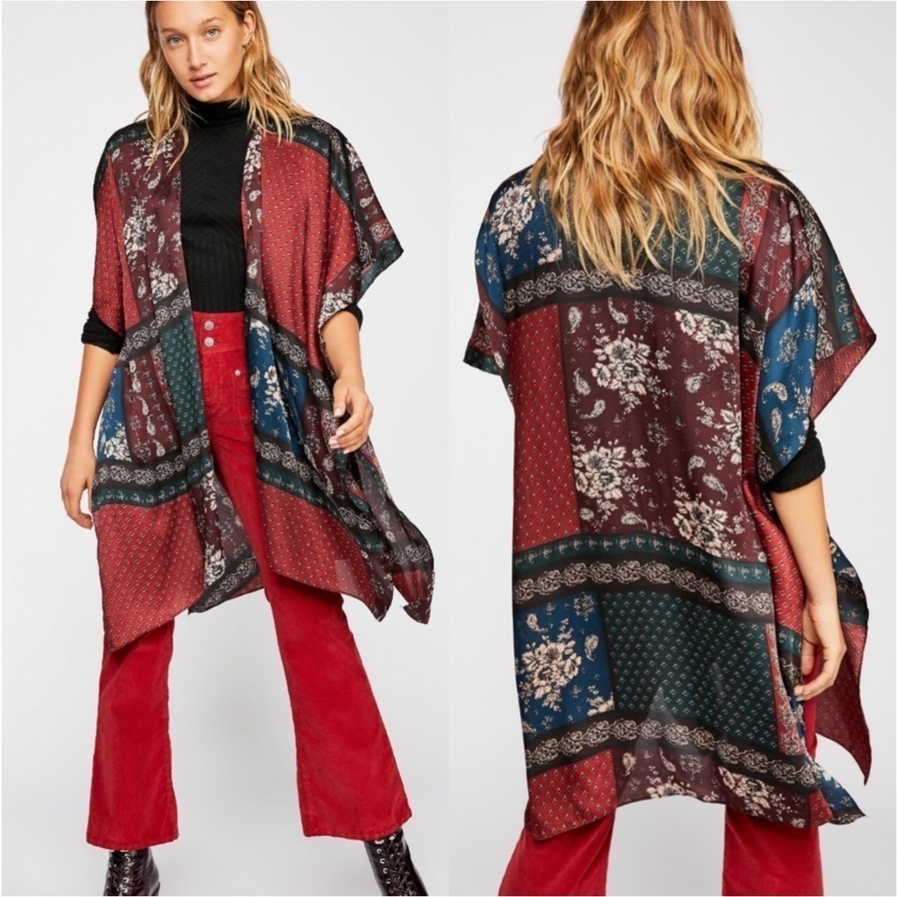 NWOT Free People Mon Cheri Silky Patchwork Kimono One Size Red Paisley Hippie